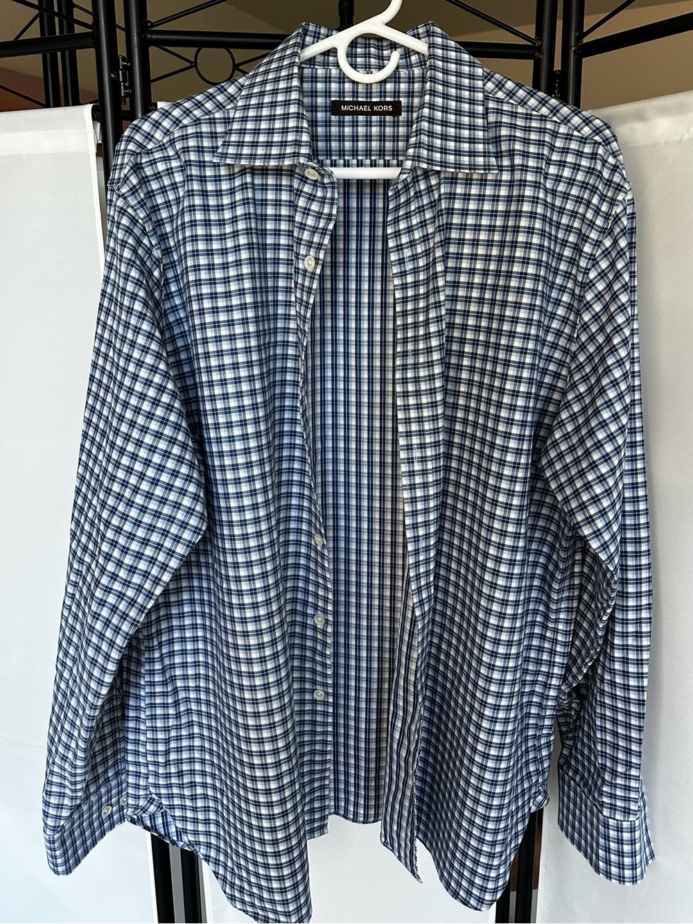 Michael Kors Navy and White Plaid Button-Down Shirt